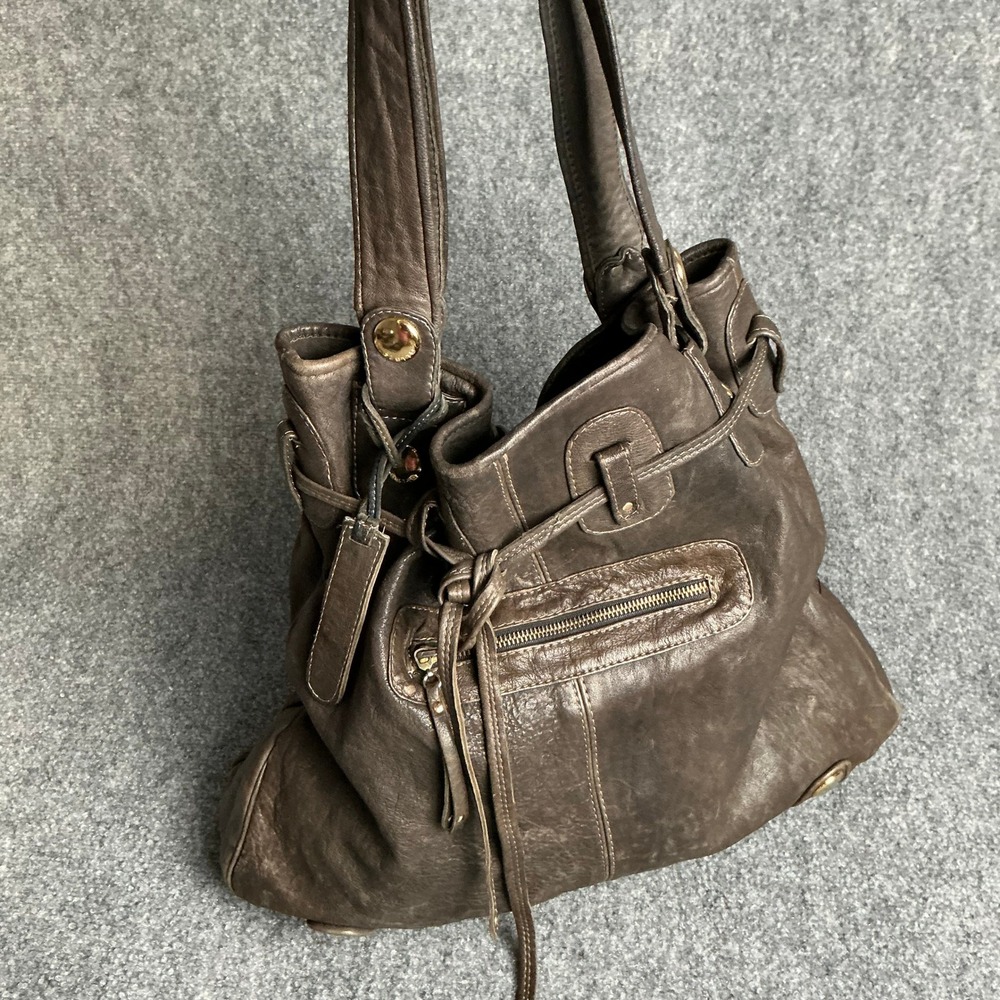GUSTTO Brown Leather Hobo Shoulder Bag Gold Hardware Slouchy Tote Handbag